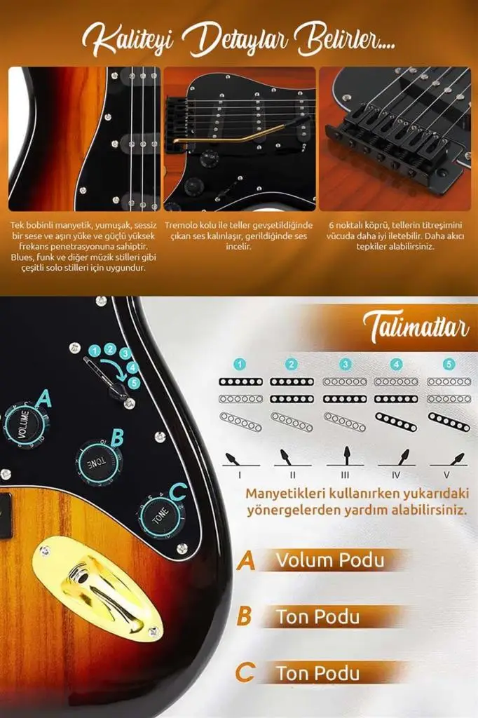 Midex GLC-40SB-50AMP Elektro Gitar Seti 50 WATT Şarjlı BT Amfi Kulaklık ve Full SET
