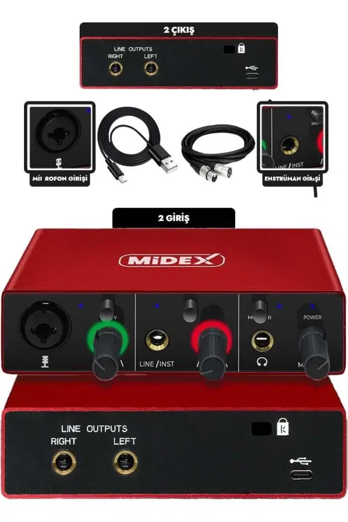 Midex GLX-500 PRO Stüdyo Ses Kartı 2 Giriş 2 Çıkış 24Bit/96kHz (XLR Kablo Hediye)