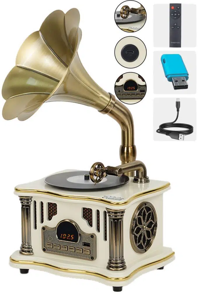 Midex GR-26WH FM Radyolu Nostaljik Gramofon Görünümlü Müzik Kutusu Bluetooth Hoparlör Midex GR-26WH FM Radyolu Nostaljik Gramofon Görünümlü Müzik Kutusu Bluetooth Hoparlör