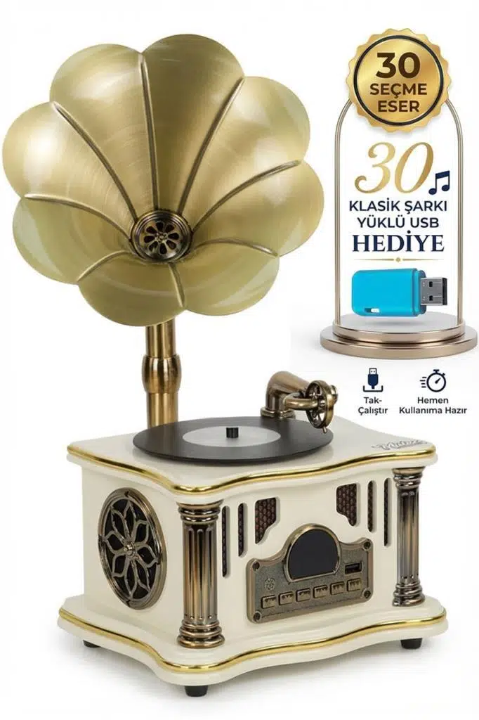 Midex GR-26WH FM Radyolu Nostaljik Gramofon Görünümlü Müzik Kutusu Bluetooth Hoparlör Midex GR-26WH FM Radyolu Nostaljik Gramofon Görünümlü Müzik Kutusu Bluetooth Hoparlör
