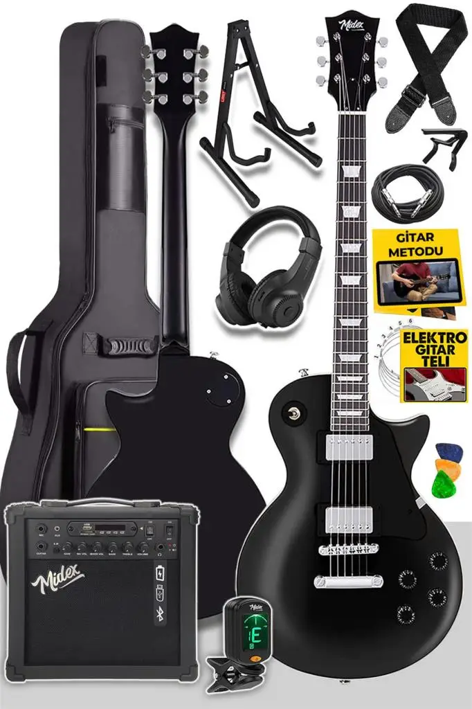 Midex GRX-200MBK-25-AMP Les Paul Kasa Elektro Gitar Seti 25 Watt Gainli Şarjlı Amfi ve Full Set (H-H)