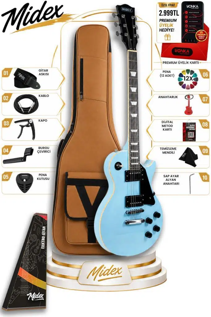 Midex GRX-200LTB Profesyonel Les Paul Kasa HH Elektro Gitar Seti Turkuaz Midex GRX-200LTB Profesyonel Les Paul Kasa HH Elektro Gitar Seti Turkuaz