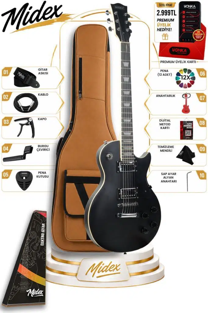 Midex GRX-200MBK Profesyonel Les Paul Kasa HH Elektro Gitar Seti Mat Siyah