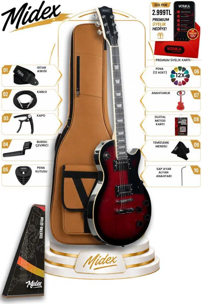 Midex GRX-200RDS Profesyonel Les Paul Kasa HH Elektro Gitar Seti Kırmızı Sunburs Midex GRX-200RDS Profesyonel Les Paul Kasa HH Elektro Gitar Seti Kırmızı Sunburs