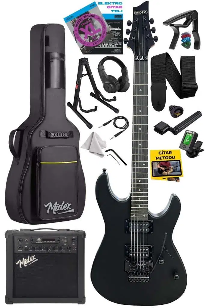 Midex GRX-300-25-AMP Profesyonel Elektro Gitar Seti 25 Watt Gainli Şarjlı Bluetooth`lu Amfi ve Full Set