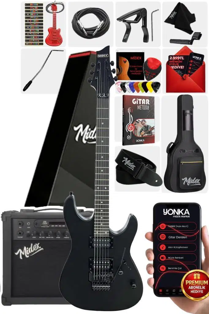 Midex GRX-300-25-AMP Profesyonel Elektro Gitar Seti 25 Watt Gainli Şarjlı Bluetooth`lu Amfi ve Full Set