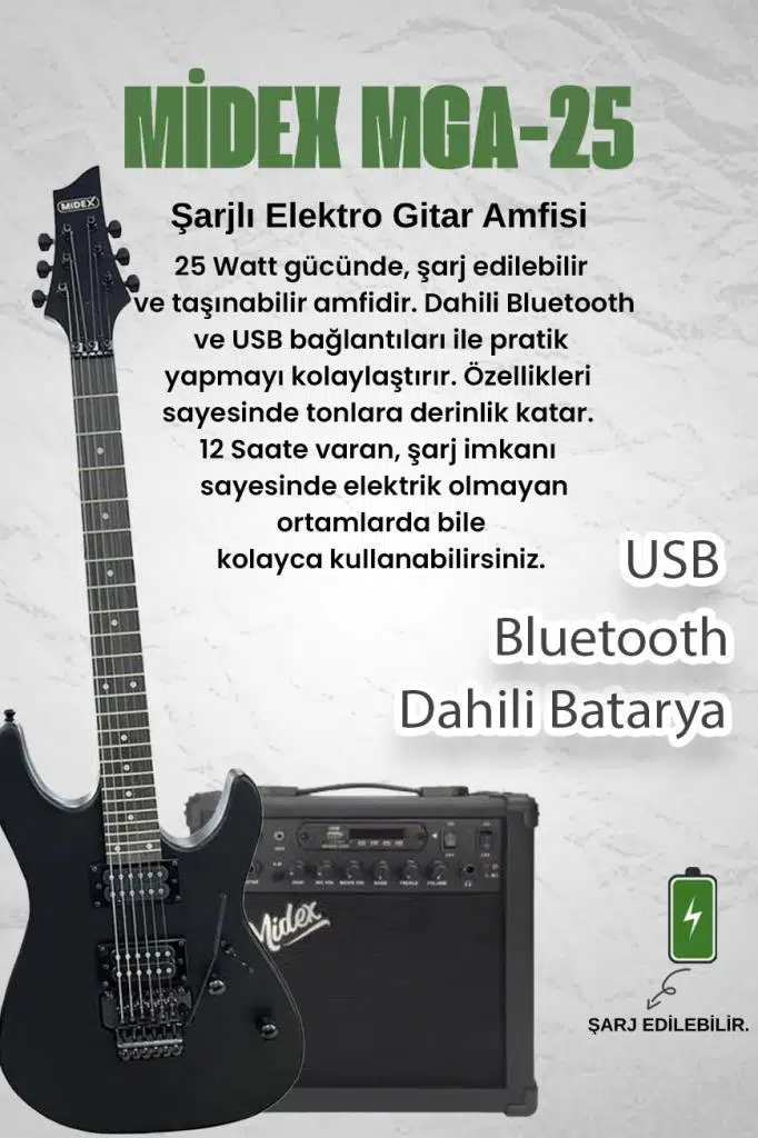 Midex GRX-300-25-AMP Profesyonel Elektro Gitar Seti 25 Watt Gainli Şarjlı Bluetooth`lu Amfi ve Full Set