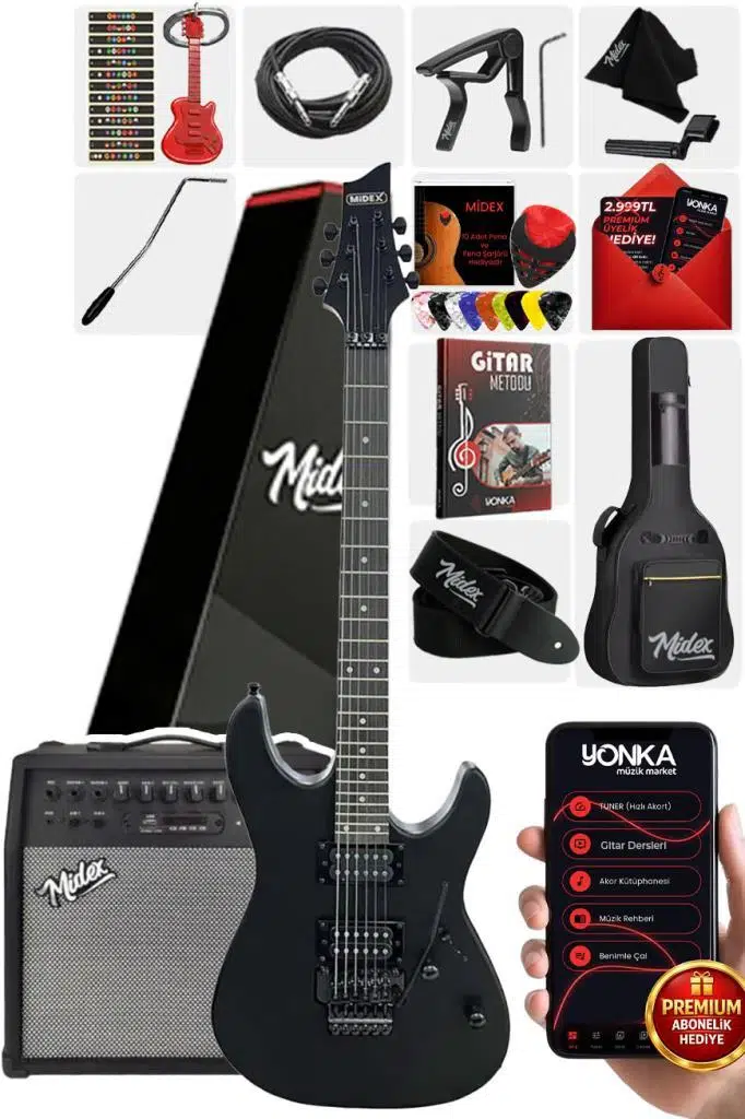 Midex GRX-300-50-AMP Profesyonel Elektro Gitar Seti 50 Watt Gainli Şarjlı Bluetooth`lu Amfi ve Full Set