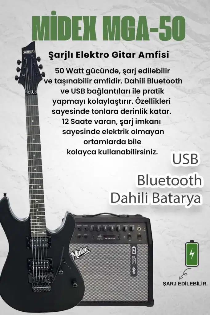 Midex GRX-300-50-AMP Profesyonel Elektro Gitar Seti 50 Watt Gainli Şarjlı Bluetooth`lu Amfi ve Full Set