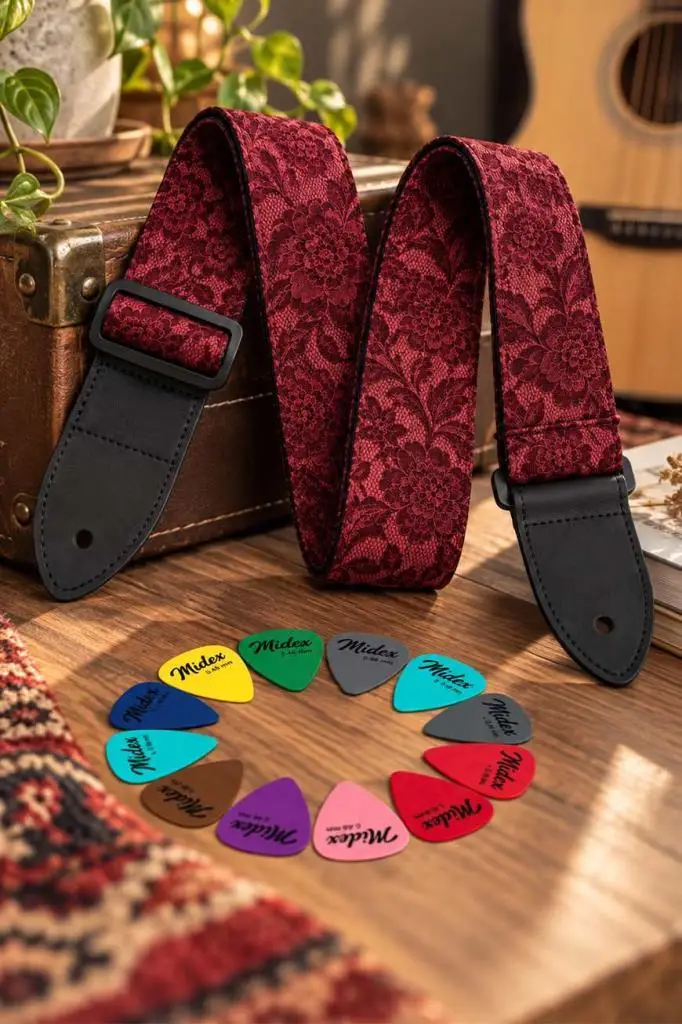Midex GSR-40 Gitar Omuz Askısı – Elektro ve Akustik Gitar Uyumlu Ayarlanabilir 90-145 cm + 12 Adet Pena