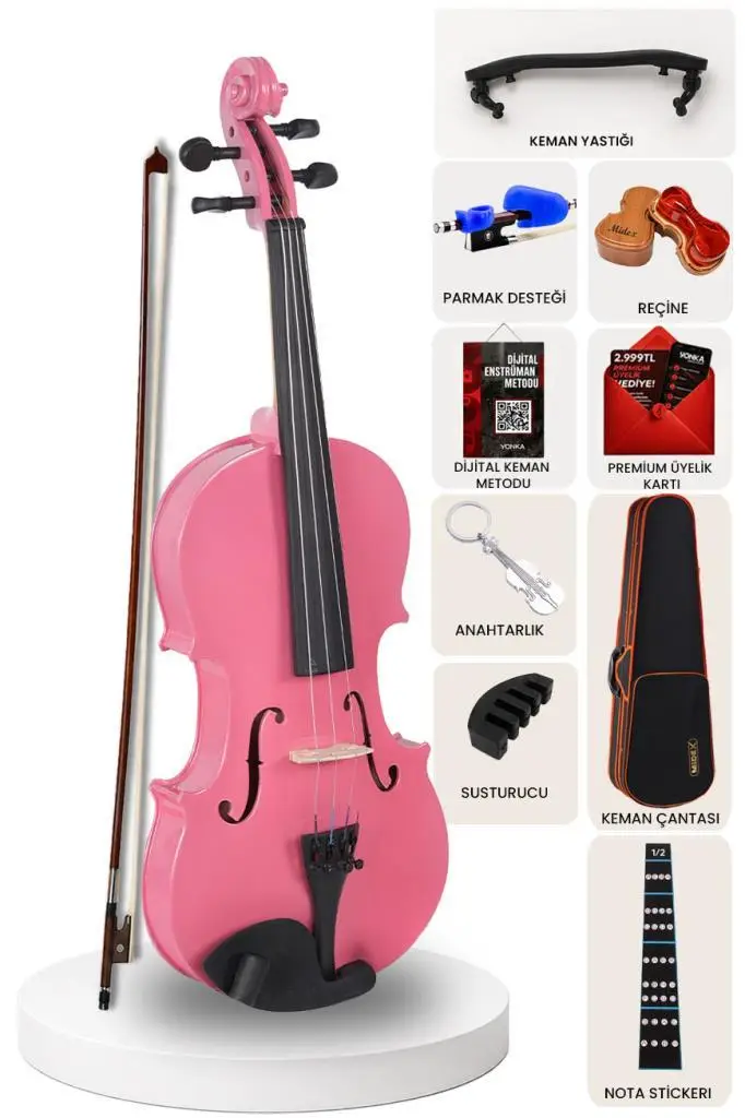 Midex HGA-24PINK-TYS 1/2 Kaliteli Pembe Keman Seti 8-10 Yaş Çocuk Kemanı
