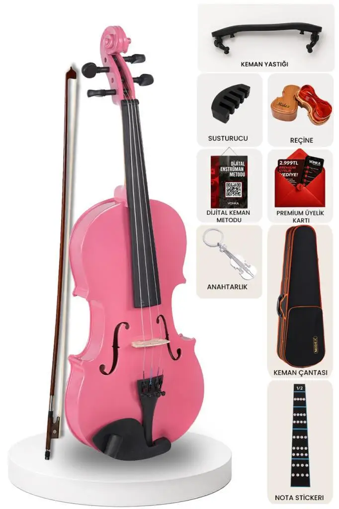 Midex HGA-24PINK-TYS 1/2 Kaliteli Pembe Keman Seti 8-10 Yaş Çocuk Kemanı