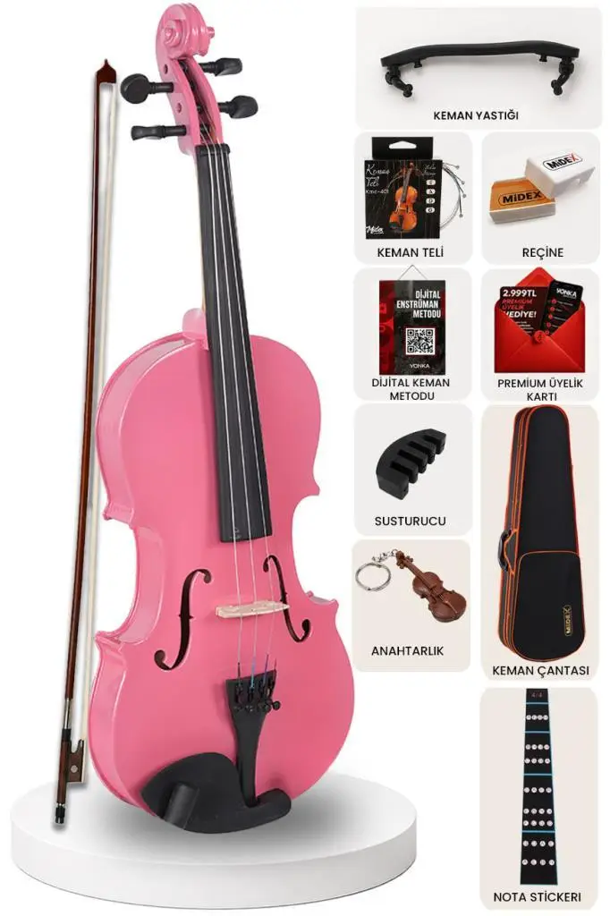 Midex HGA-44PINK-TYS 4/4 Kaliteli Pembe Keman Seti Tam Boy Profesyonel