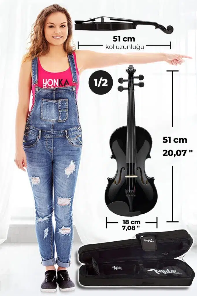 Midex HGA24BK-TYS Siyah 1/2 Yarım Keman Seti 8-10 Yaş Çocuk Kemanı (Yastık Reçine Çanta Tel Susturucu Yay Metod)