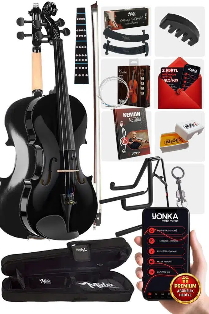 Midex HGA44BK-STYS Full Siyah Set Keman 4/4 (Yastık Stand Susturucu Yedek Tel Reçine Çanta Yay) Midex HGA44BK-STYS Full Siyah Set Keman 4/4 (Yastık Stand Susturucu Yedek Tel Reçine Çanta Yay)
