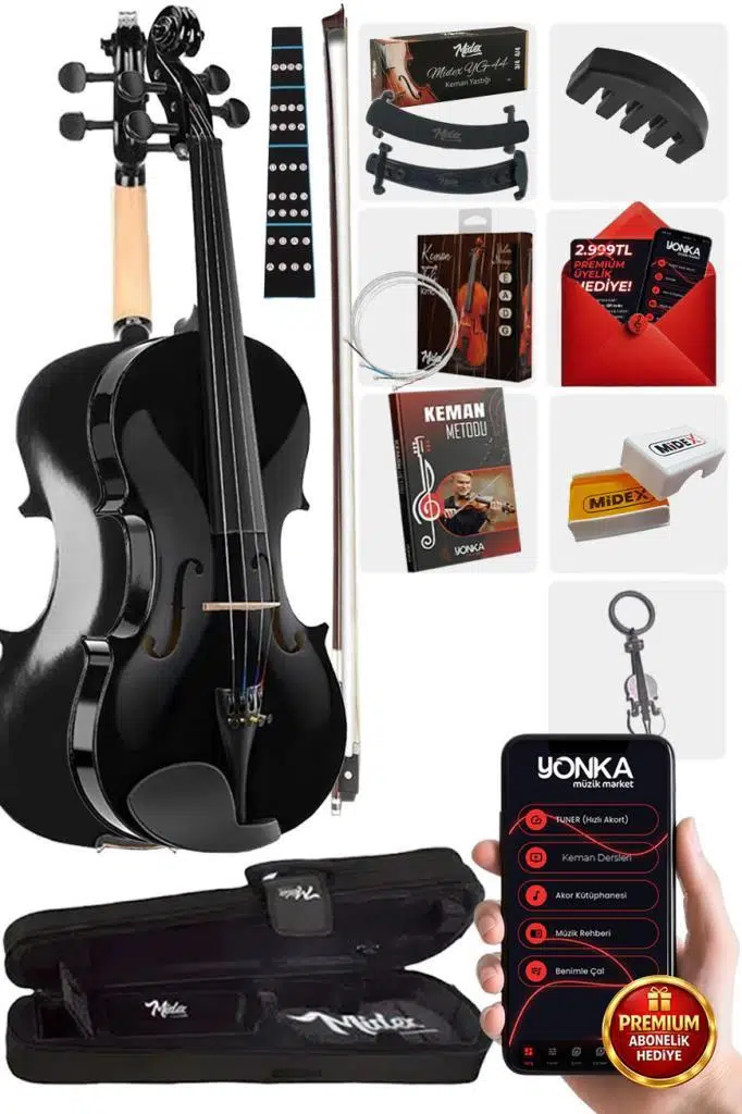 Midex HGA44BK-TYS Full Siyah Set Keman 4/4 (Yastık Reçine Çanta Yedek Tel Susturucu Yay) Midex HGA44BK-TYS Full Siyah Set Keman 4/4 (Yastık Reçine Çanta Yedek Tel Susturucu Yay)