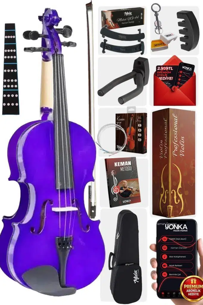 Midex HGA44PU-PAK Mor 4/4 Tam Boy Keman Seti (Yastık Susturucu Çanta Yay Reçine Yedek Tel Metod)