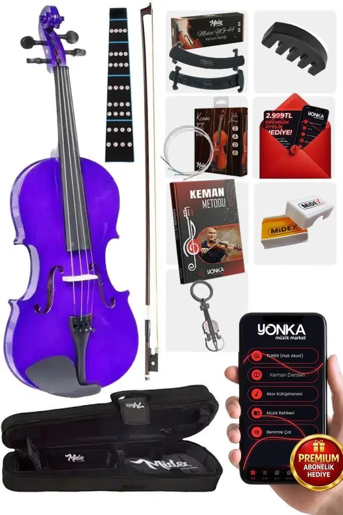 Midex HGA44PU-TYS Mor 4/4 Tam Boy Keman Seti (Yastık Yedek Tel Susturucu Çanta Yay Reçine Metod)