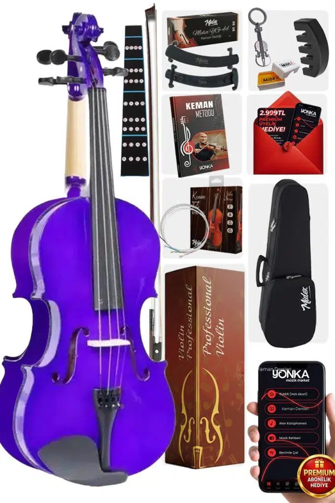 Midex HGA44PU-TYS Mor 4/4 Tam Boy Keman Seti (Yastık Yedek Tel Susturucu Çanta Yay Reçine Metod)