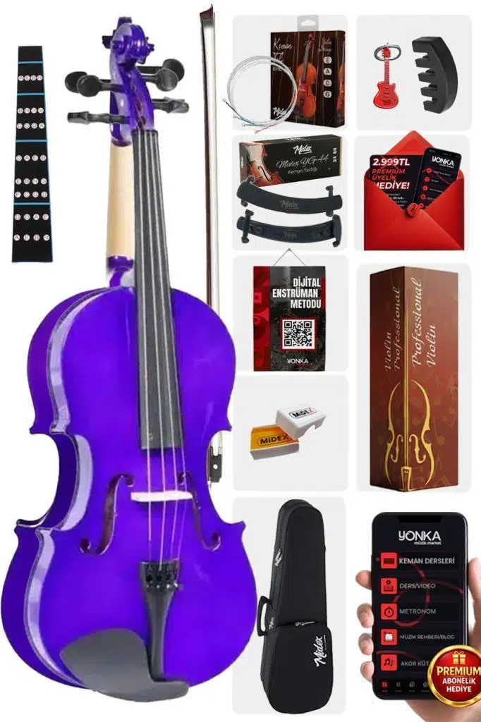 Midex HGA44PU-TYS Mor 4/4 Tam Boy Keman Seti (Yastık Yedek Tel Susturucu Çanta Yay Reçine Metod)