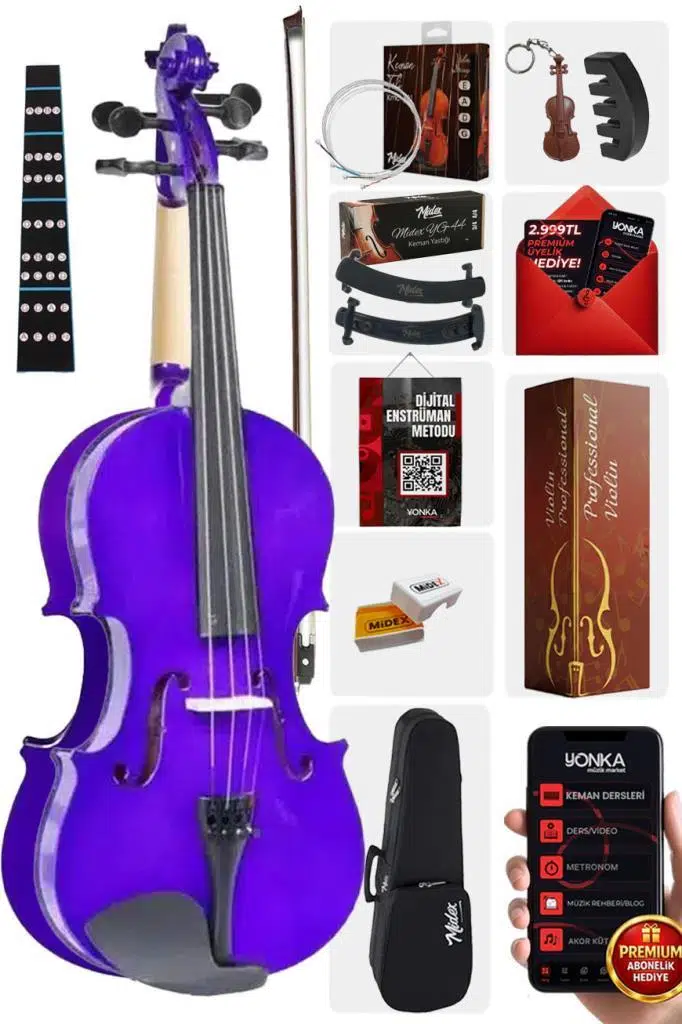 Midex HGA44PU-TYS Mor 4/4 Tam Boy Keman Seti (Yastık Yedek Tel Susturucu Çanta Yay Reçine Metod)