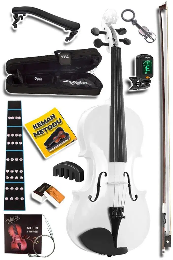 Midex HGA44WH-PAK Beyaz 4/4 Tam Boy Keman Seti (Yastık Susturucu Çanta Yay Reçine)