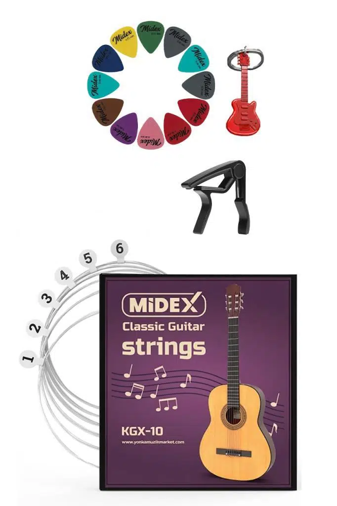Midex KGX-10C Klasik Gitar Teli Takımı Pena ve Kapo (Capo) Seti Midex KGX-10C Klasik Gitar Teli Takımı Pena ve Kapo (Capo) Seti