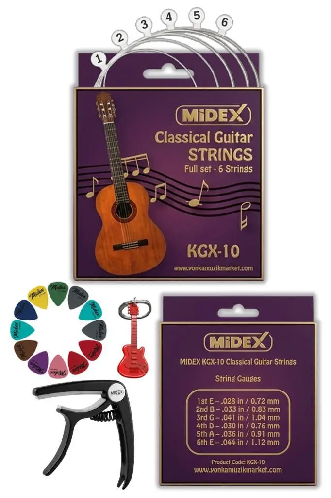 Midex KGX-10C Klasik Gitar Teli Takımı Pena ve Kapo (Capo) Seti