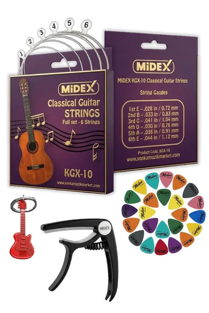 Midex KGX-10MC Klasik Gitar Teli Takımı Pena Kapo (Capo) Seti