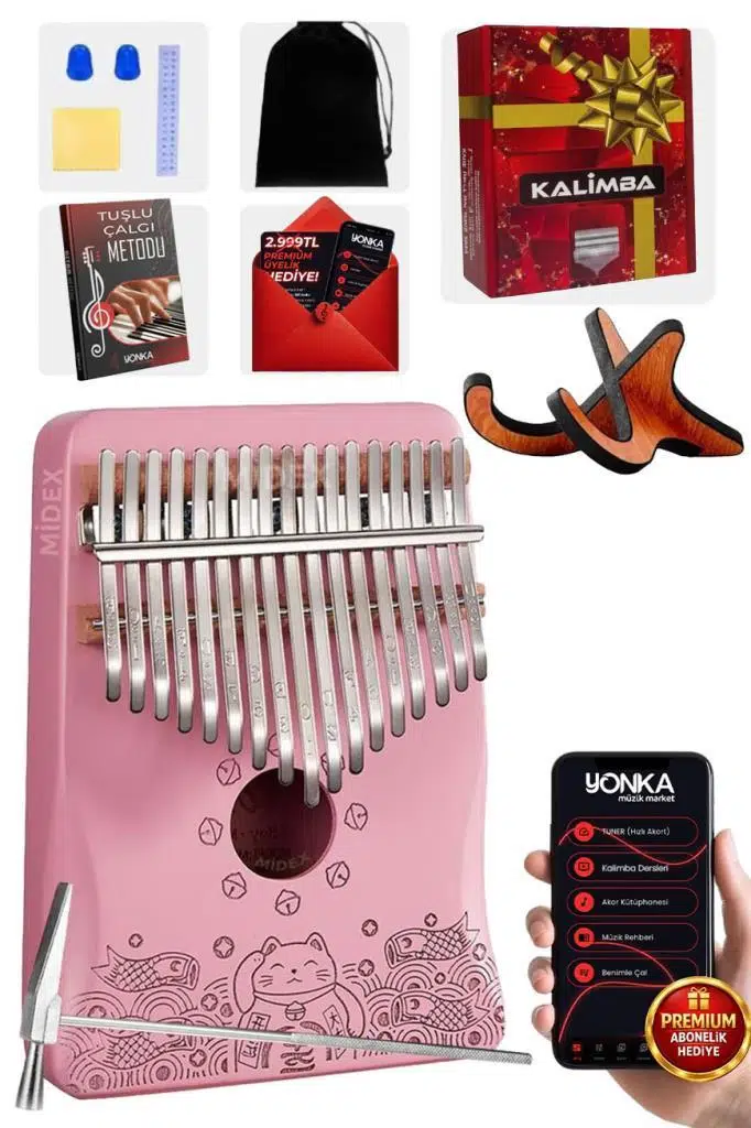 Midex KLX-350-PAK Hakiki Ağaç Pembe Kalimba 17 Tuşlu Full Set
