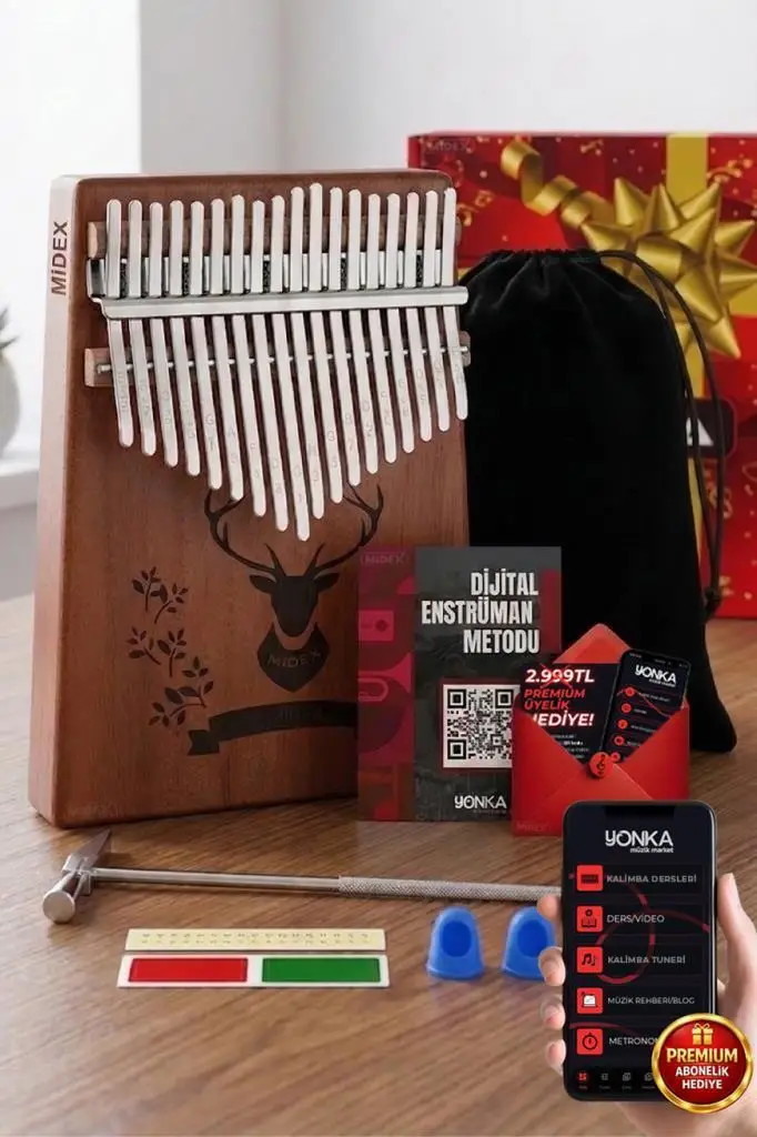 Midex KLX-456 Hakiki Maun Ağacı Kalimba 17 Çelik Tuşlu (Türkçe Metod Çanta Çekiç)