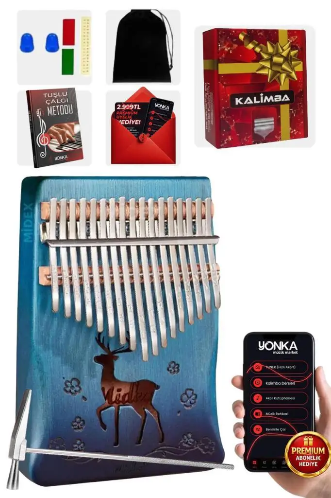 Midex KLX-510 Hakiki Ağaç Geyik Desenli Kalimba 17 Tuşlu Full Set