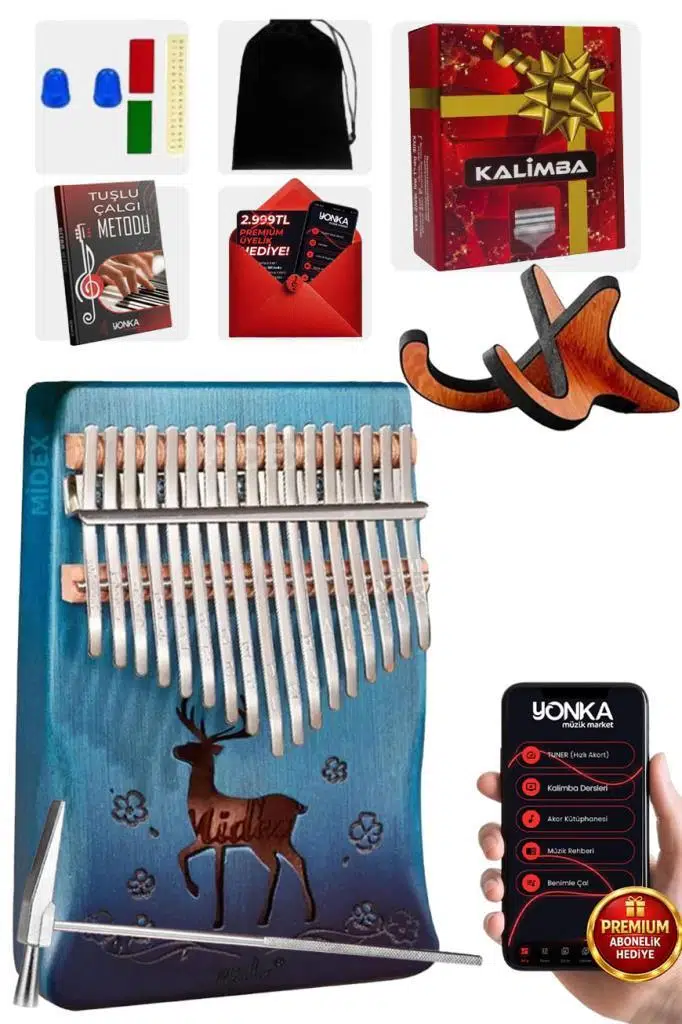 Midex KLX-510-PAK Hakiki Ağaç Geyik Desenli Kalimba 17 Tuşlu Full Set