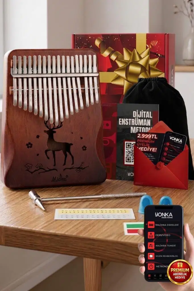 Midex KLX-520 Hakiki Ağaç Kalimba Geyik Desenli Ahşap Full Set 17 Çelik Tuşlu