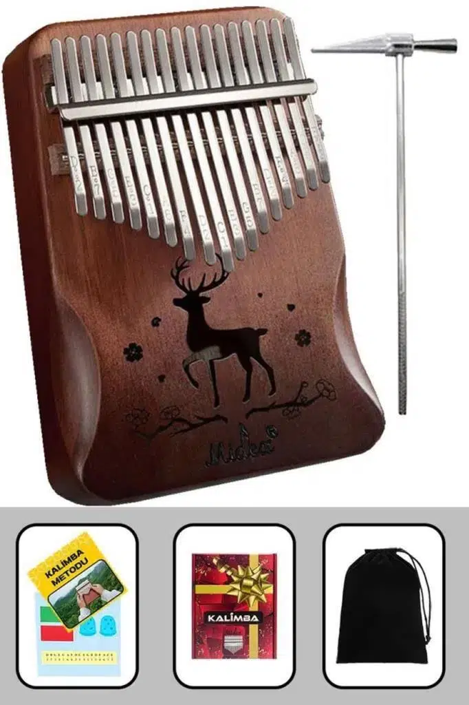Midex KLX-520 Hakiki Ağaç Kalimba Geyik Desenli Ahşap Full Set 17 Çelik Tuşlu