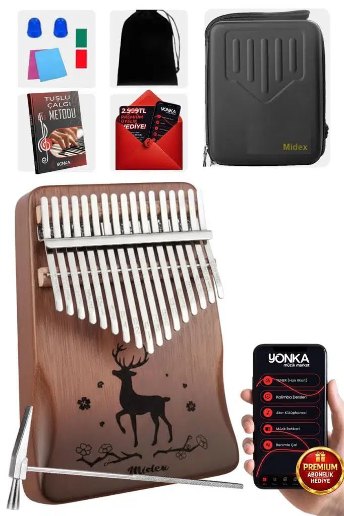 Midex KLX-521CS GİGBAGLİ Hakiki Ağaç Kalimba Geyik Desenli Full Set 17 Tuş