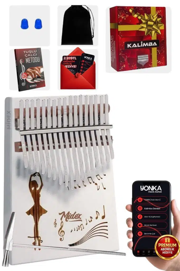 Midex KLX-540 Beyaz Renk Gerçek Ağaç Kalimba 17 Tuşlu Full Set