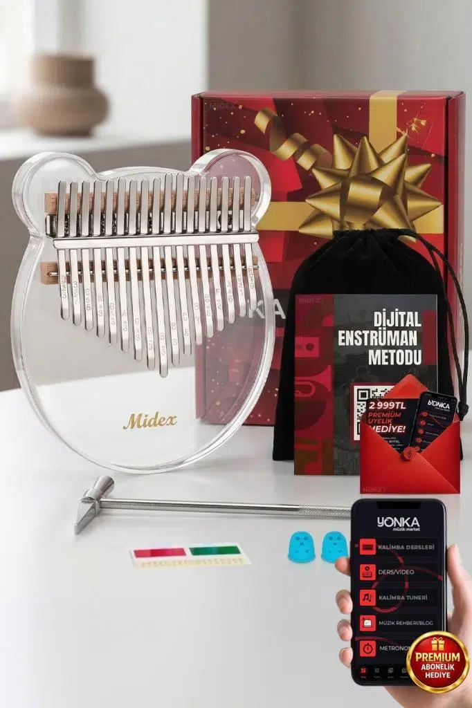 Midex KLX-6000 Şeffaf Cam Kalimba Paslanmaz Çelik 17 Tuşlu Çekiç Çanta Metod Full Set