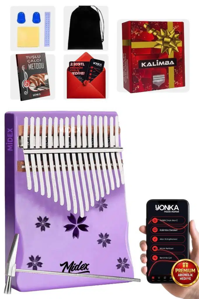 Midex KLX-870 Mor Renk Yüksek Kaliteli Ahşap Kalimba 17 Tuşlu Full Set