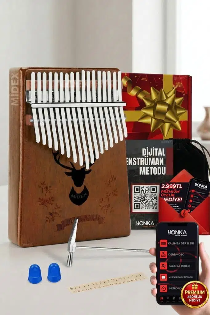 Midex KLX-880 Hakiki Ağaç Kalimba Geyik Desenli Ahşap Full Set 17 Çelik Tuşlu