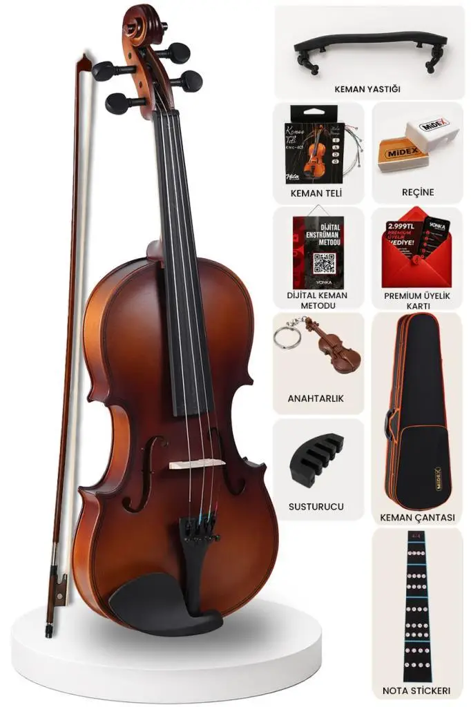Midex LMA-544TYS 4/4 Kaliteli Maun Ağacı Keman Seti Tam Boy Profesyonel Mat