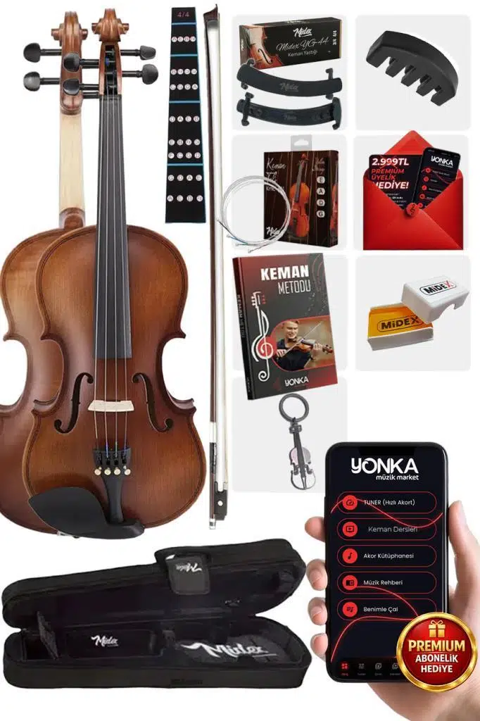 Midex LMA-544TYS 4/4 Profesyonel Keman 4/4 Tam Boy (Yastık Susturucu Yedek Tel Çanta Yay Reçine Metod)