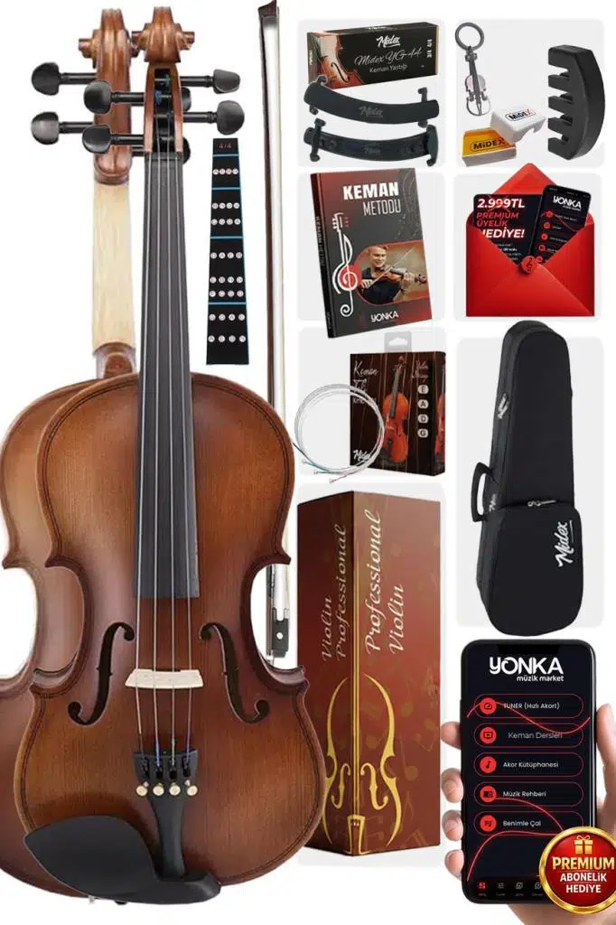 Midex LMA-544TYS 4/4 Profesyonel Keman 4/4 Tam Boy (Yastık Susturucu Yedek Tel Çanta Yay Reçine Metod)