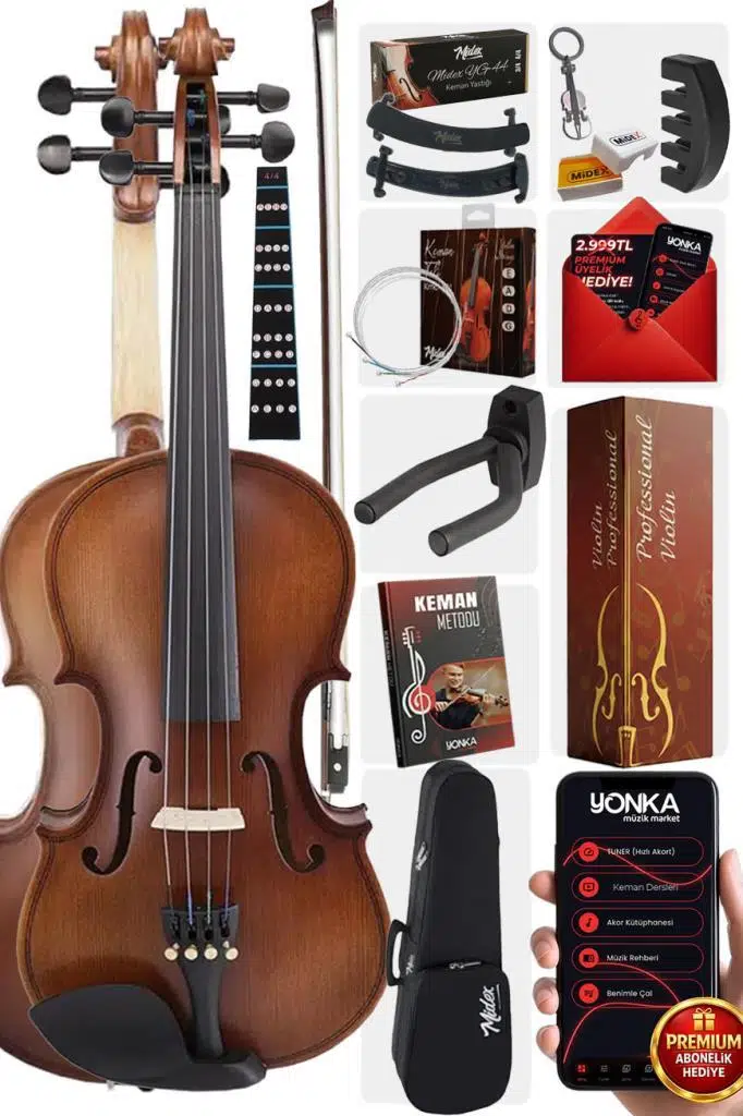 Midex LMA-644-PAK Profesyonel Keman 4/4 Tam Boy (Yastık Susturucu Yedek Tel Çanta Yay Reçine Metod)