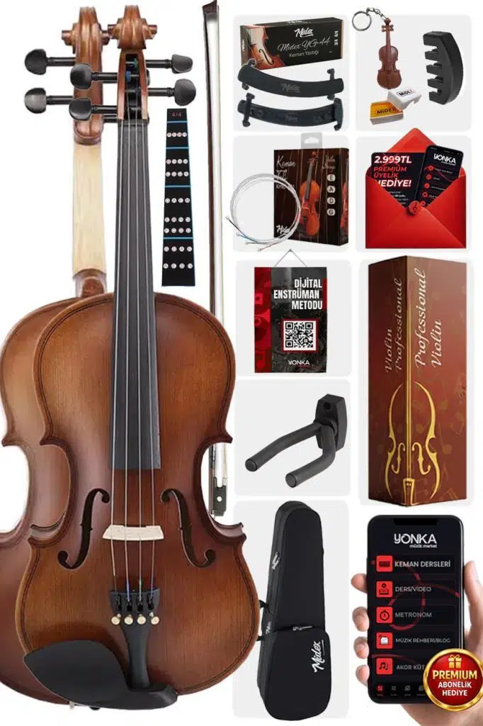Midex LMA-644-PAK Profesyonel Keman 4/4 Tam Boy (Yastık Susturucu Yedek Tel Çanta Yay Reçine Metod)