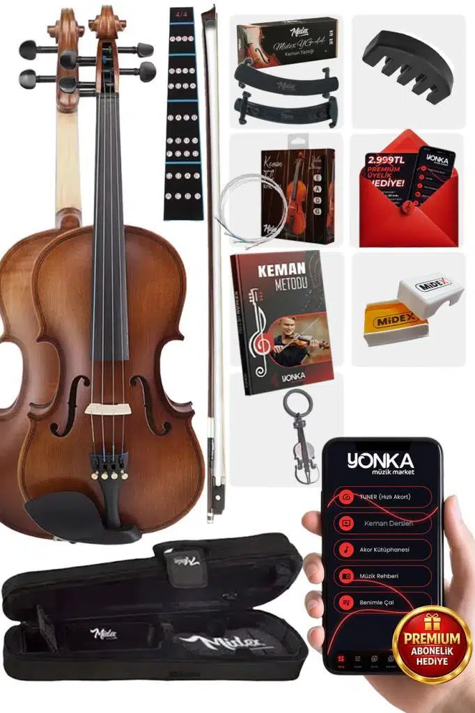 Midex LMA-644-TYS Profesyonel Ahşap Mat Keman 4/4 Tam Boy (Yastık Yedek Tel Çanta Yay Reçine Metod)