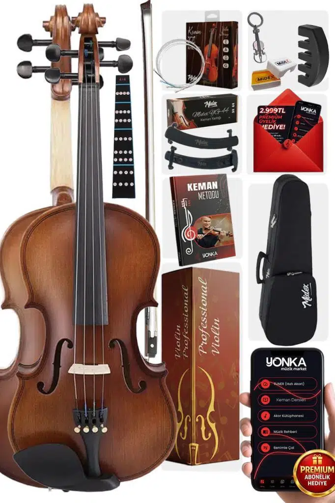 Midex LMA-644-TYS Profesyonel Ahşap Mat Keman 4/4 Tam Boy (Yastık Yedek Tel Çanta Yay Reçine Metod)