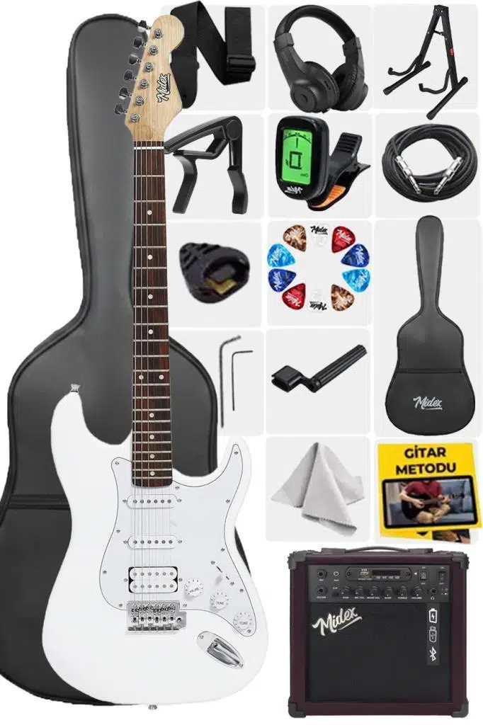 Midex MAP-35WH-25AMP Beyaz Renk Strat Kasa SSH 25W Amfili Elektro Gitar Seti Midex MAP-35WH-25AMP Beyaz Renk Strat Kasa SSH 25W Amfili Elektro Gitar Seti
