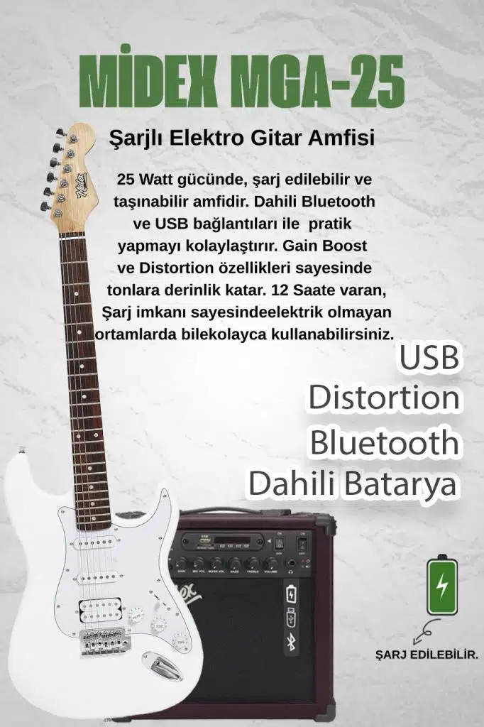 Midex MAP-35WH-25AMP Beyaz Renk Strat Kasa SSH 25W Amfili Elektro Gitar Seti Midex MAP-35WH-25AMP Beyaz Renk Strat Kasa SSH 25W Amfili Elektro Gitar Seti