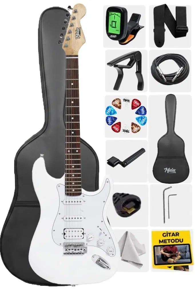 Midex MAP-35WH Beyaz Renk Maple Klavye Strat Kasa SSH Elektro Gitar Seti